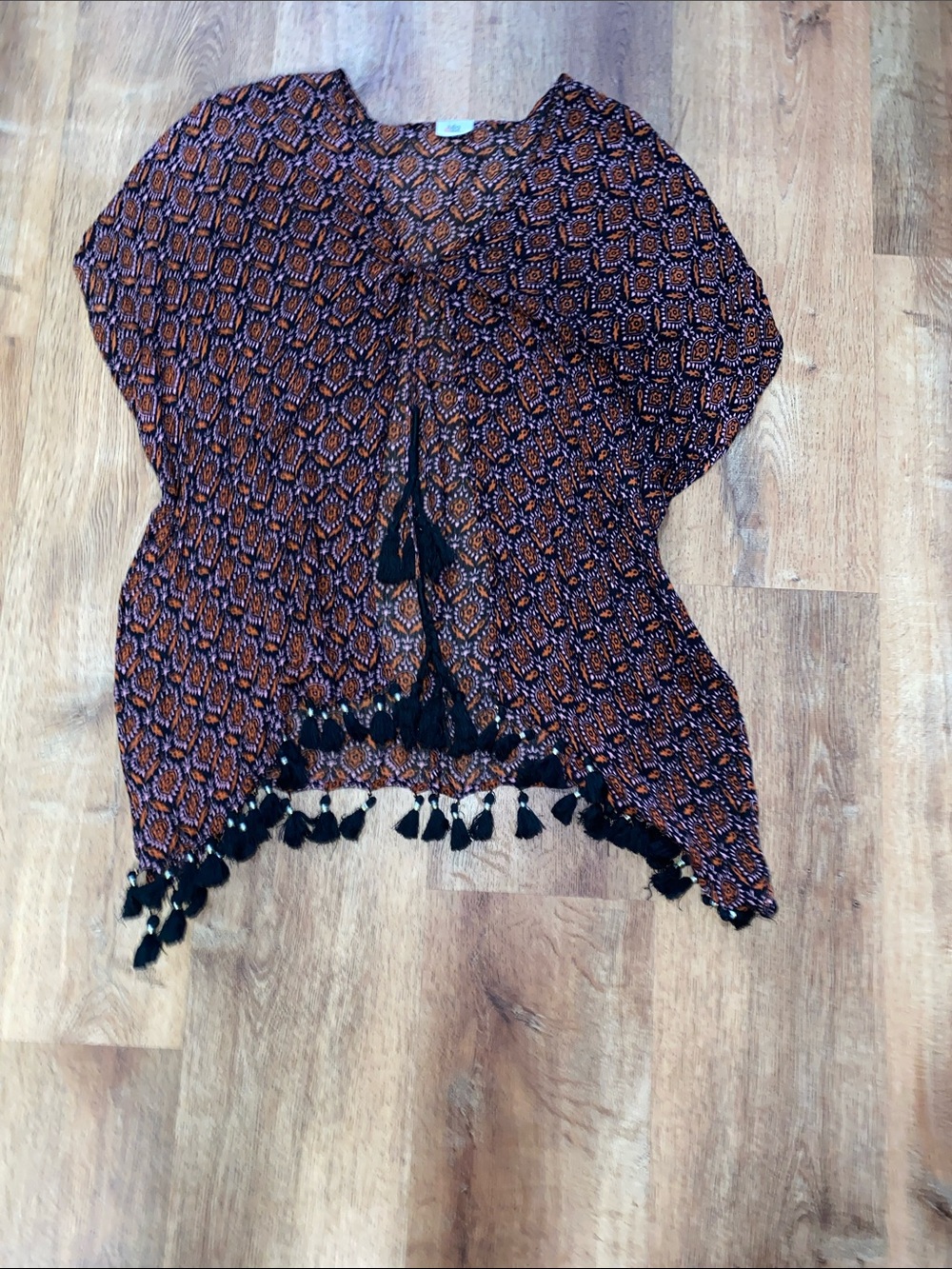 Tassel-Trim Printed Blouse in Black and Brown